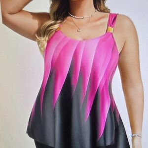 2pc Women's Pink Ombre Swim Tank with Gold Strap And Black Shorts Size 26W